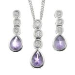 9ct gold diamond and amethyst earrings with matching 9ct gold necklace,