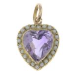 An amethyst and split pearl heart pendant.Length 2.6cms.