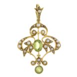 An early 20th century 15ct gold peridot and split pearl pendant.