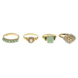 9ct gold jade and emerald ring, hallmarks for 9ct gold, ring size L1/2, 3.4gms.