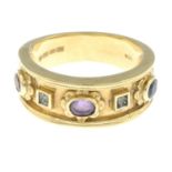 A 9ct gold diamond and gem-set band ring.