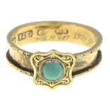 A mid Victorian 9ct gold green gem memorial ring.Hallmarks for Birmingham, 1863.
