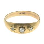 A late 19th century gold old-cut diamond ring.Estimated total diamond weight 0.15ct.Ring size N.