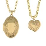 Two 9ct gold lockets, each suspended from a 9ct gold chain.Hallmarks for 9ct gold.