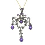 An amethyst, diamond and split pearl pendant,