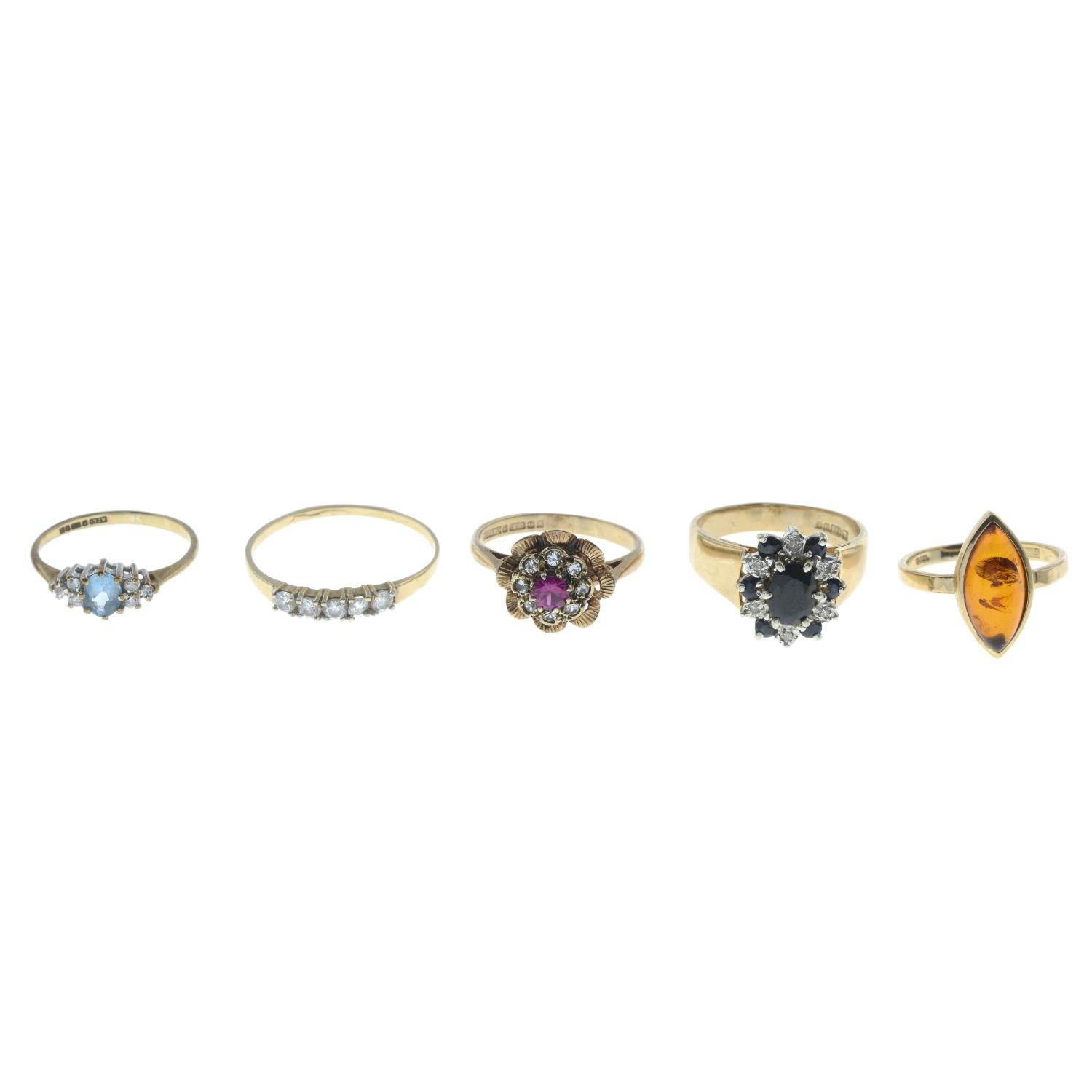 9ct gold topaz and brilliant-cut diamond ring, hallmarks for London, ring size J1/2, 1.6gms.