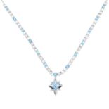 A blue topaz and white gem necklace.Stamped G14K.