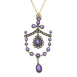 An amethyst, diamond and split pearl pendant,