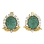 A pair of green paste and cubic zirconia earrings.Stamped 750.Length 1.5cms.