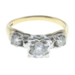A 14ct gold brilliant-cut diamond three-stone ring.Estimated total diamond weight 0.90ct,