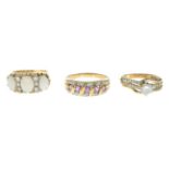 9ct gold opal and cubic zirconia dress ring, hallmarks for 9ct gold, ring size L, 4.6gms.