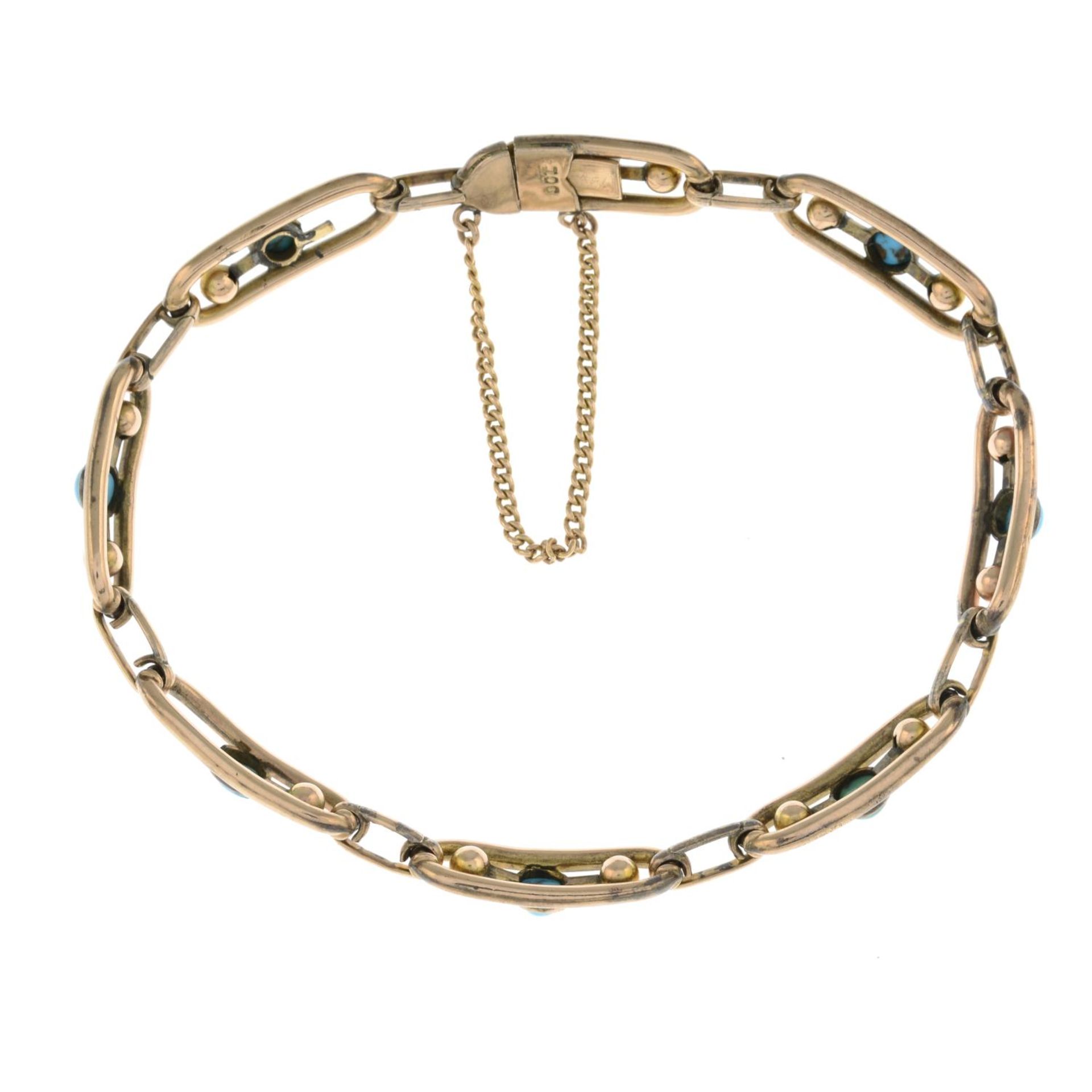 An early 20th century 9ct gold turquoise bracelet. - Bild 3 aus 3