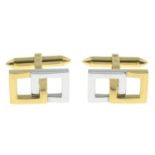 A pair of 18ct gold bi-colour cufflinks, with geometric motif.Hallmarks for 18ct gold.