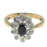 A 9ct gold sapphire and diamond cluster ring.Hallmarks for London.Ring size O1/2.