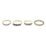 Seven 9ct gold gem-set rings.Six with hallmarks for 9ct gold.Ring sizes L to Q.