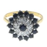 A 1970s 18ct gold sapphire and diamond ring.Estimated total diamond weight 0.10ct.Hallmarks for