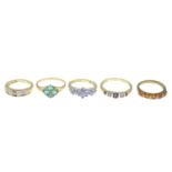 9ct gold fire opal five-stone ring, hallmarks for Birmingham, ring size N, 2.4gms.