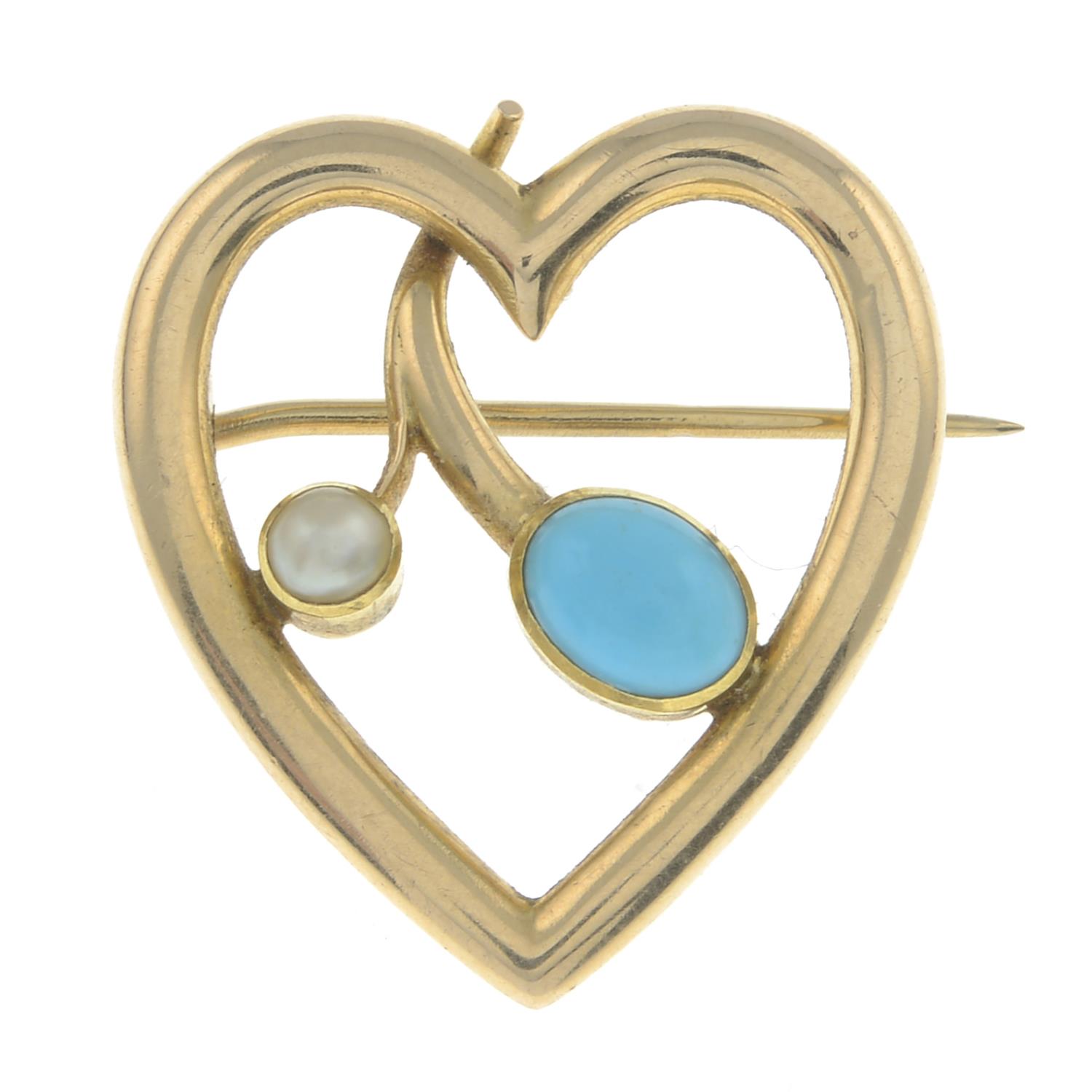 Early 20th century 15ct gold turquoise and split pearl openwork heart brooch,