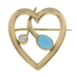 Early 20th century 15ct gold turquoise and split pearl openwork heart brooch,