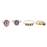 9ct gold amethyst cluster ring, hallmarks for 9ct gold, ring size O1/2, 2gms.