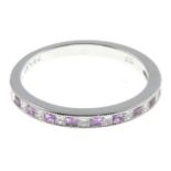 A pink sapphire and square-shape diamond half eternity ring.Total pink sapphire weight 0.29ct,