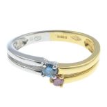 An 18ct gold 'pink' and 'blue' diamond bi-colour ring.Total 'coloured' diamond weight 0.15ct.