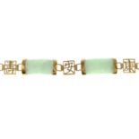 A jade panel bracelet, with oriental character spacers.Stamped 9K.
