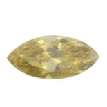 A marquise-shape natural Fancy intense Orangy Yellow diamond.