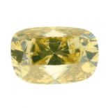 A rectangular-shape natural Fancy intense Orangy Yellow diamond.