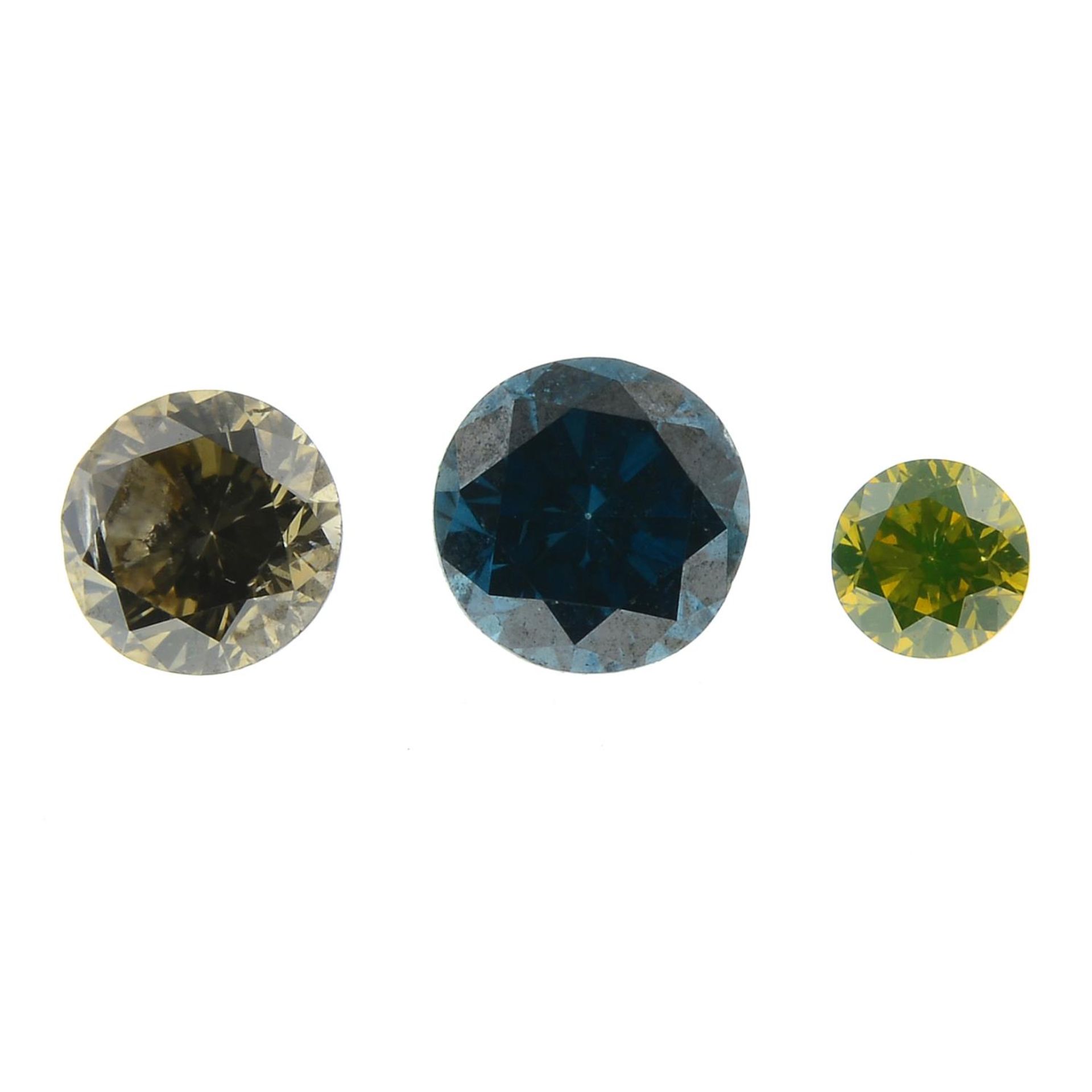 A selection of brilliant-cut 'brown', 'yellow' and 'blue' diamonds.