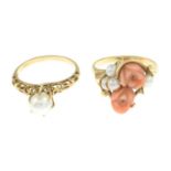 Carved coral and cultured pearl dress ring, ring size I1/2, 3.3gms.