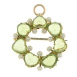 A peridot and seed pearl brooch, with hinged surmount.