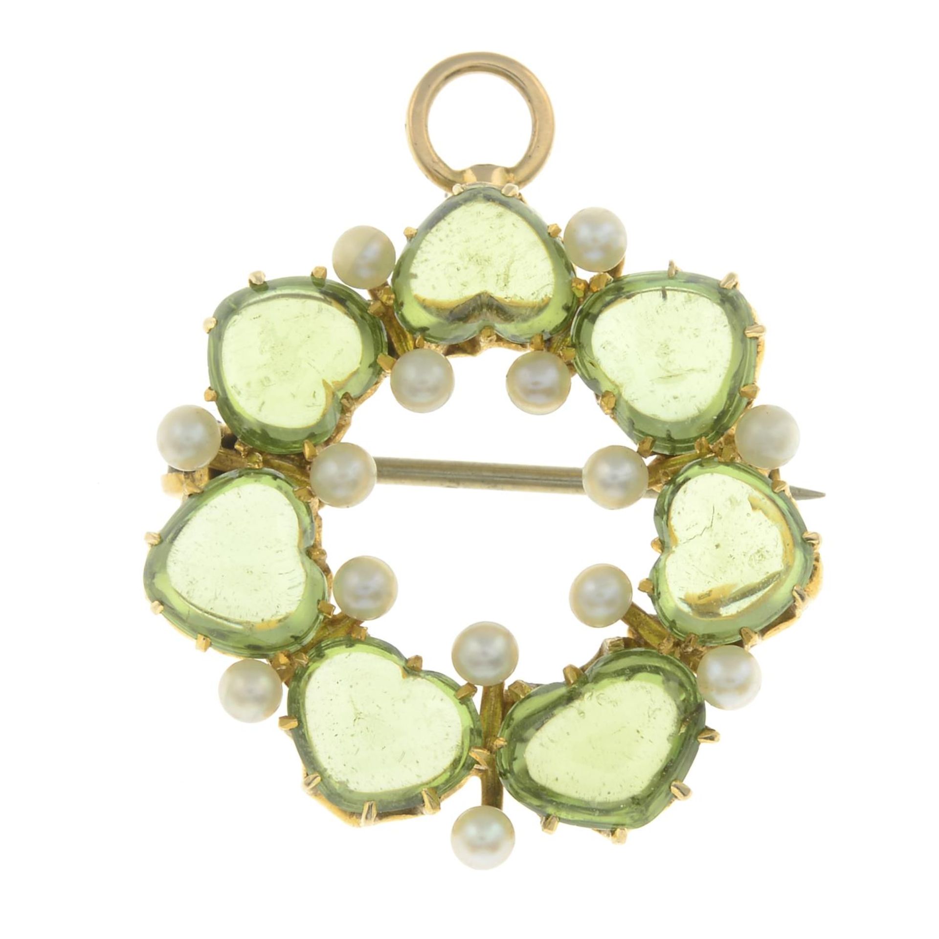 A peridot and seed pearl brooch, with hinged surmount.