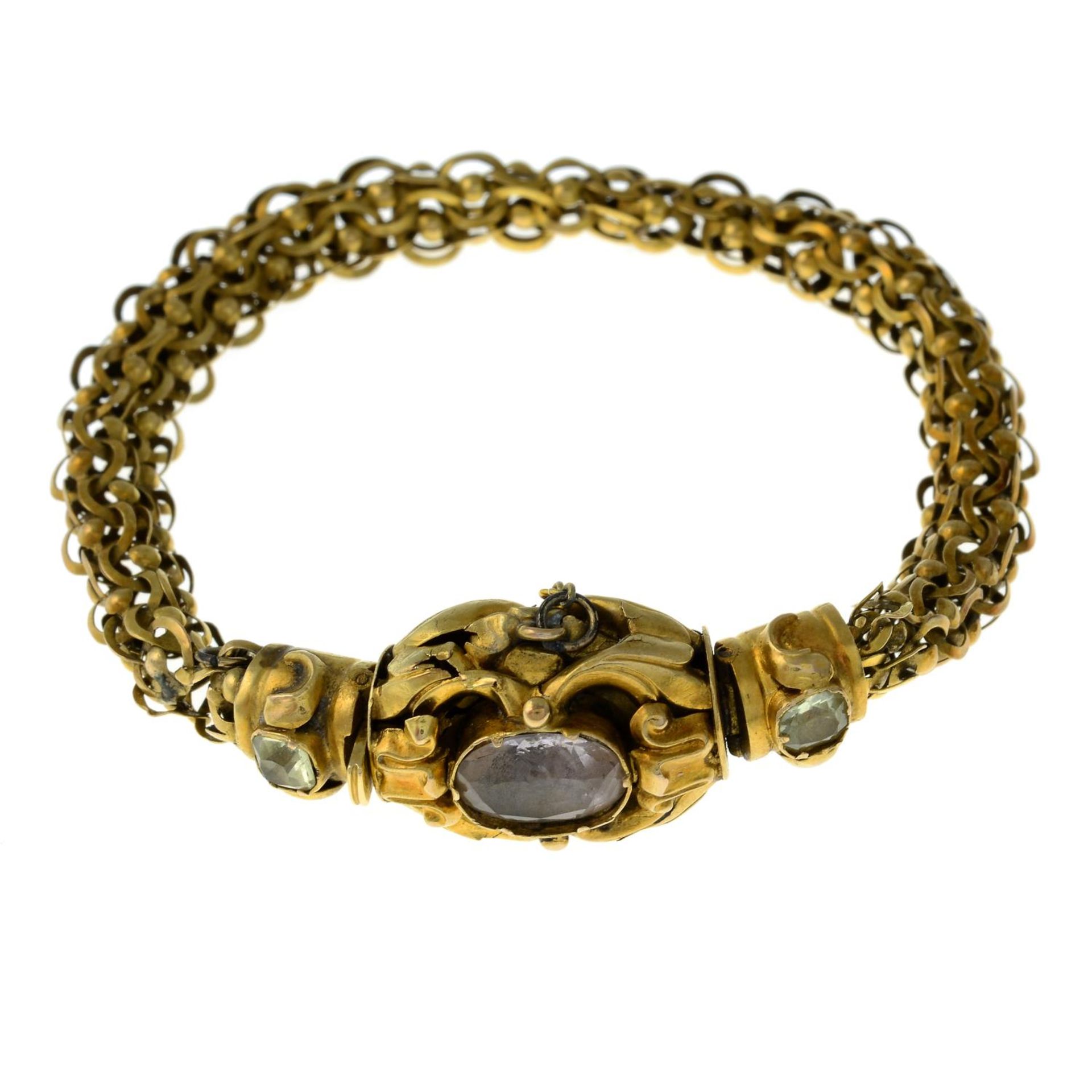 A late 19th century gold pink and yellow gem-set bracelet.One stone deficient.Length 18.8cms.