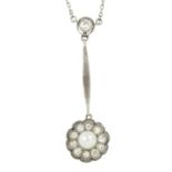 An Edwardian gold and platinum cultured pearl and diamond drop pendant,