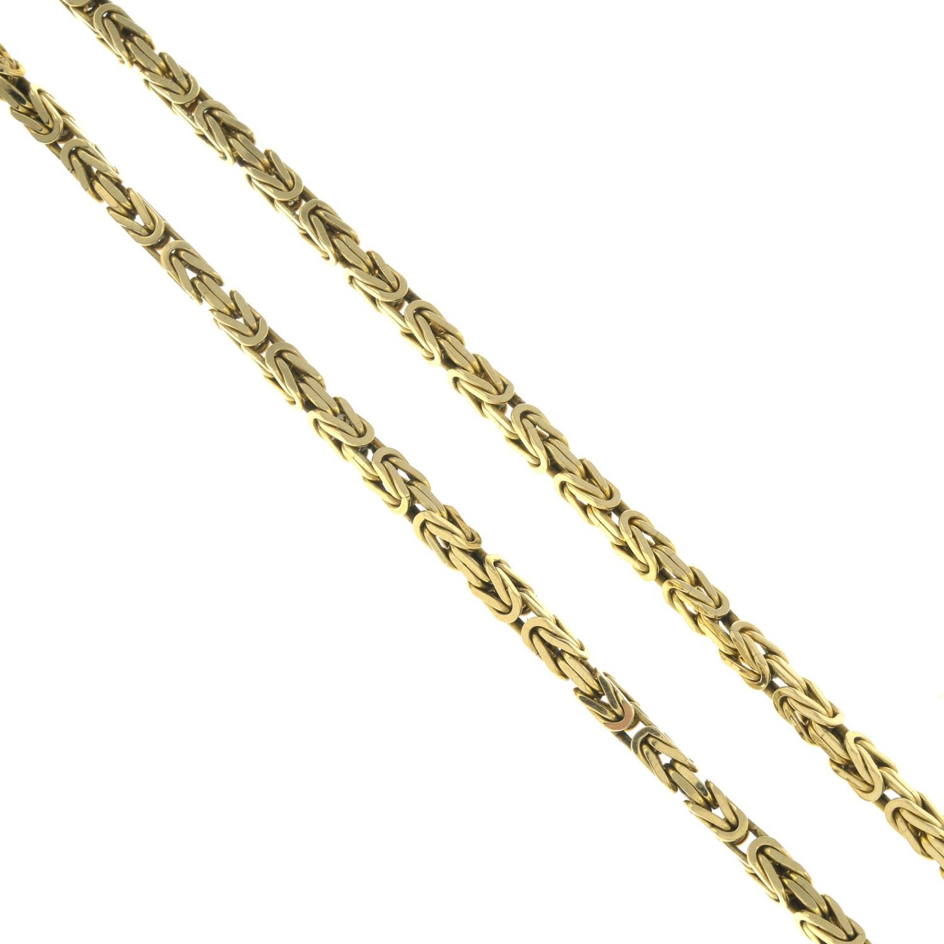 A 9ct gold fancy-link necklace.Hallmarks for 9ct gold.