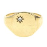 A gentleman's 9ct gold singet ring, with diamond accent.Hallmarks for 9ct gold.