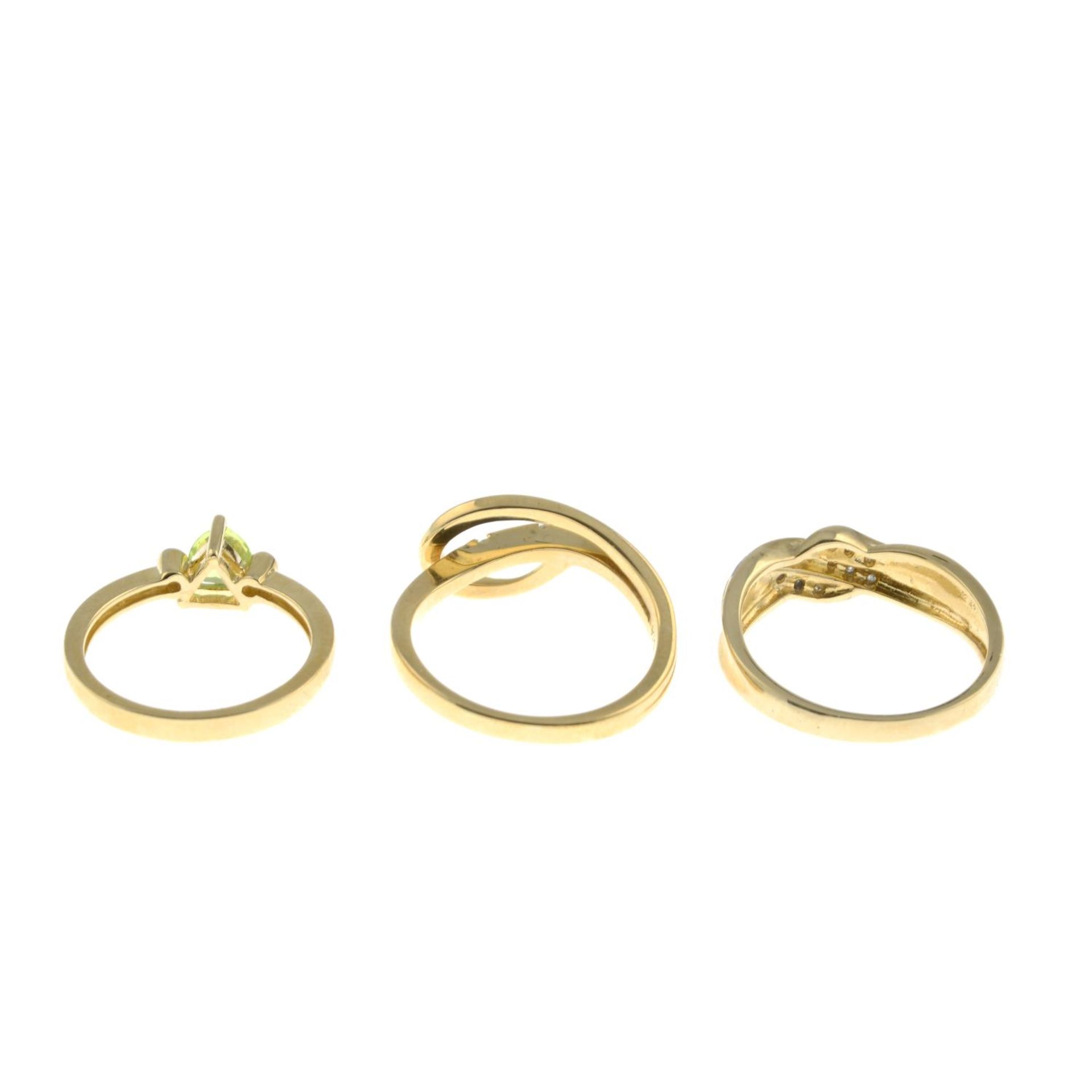 Three 9ct gold diamond and gem-set dress rings, to include a peridot and diamond ring. - Image 2 of 2