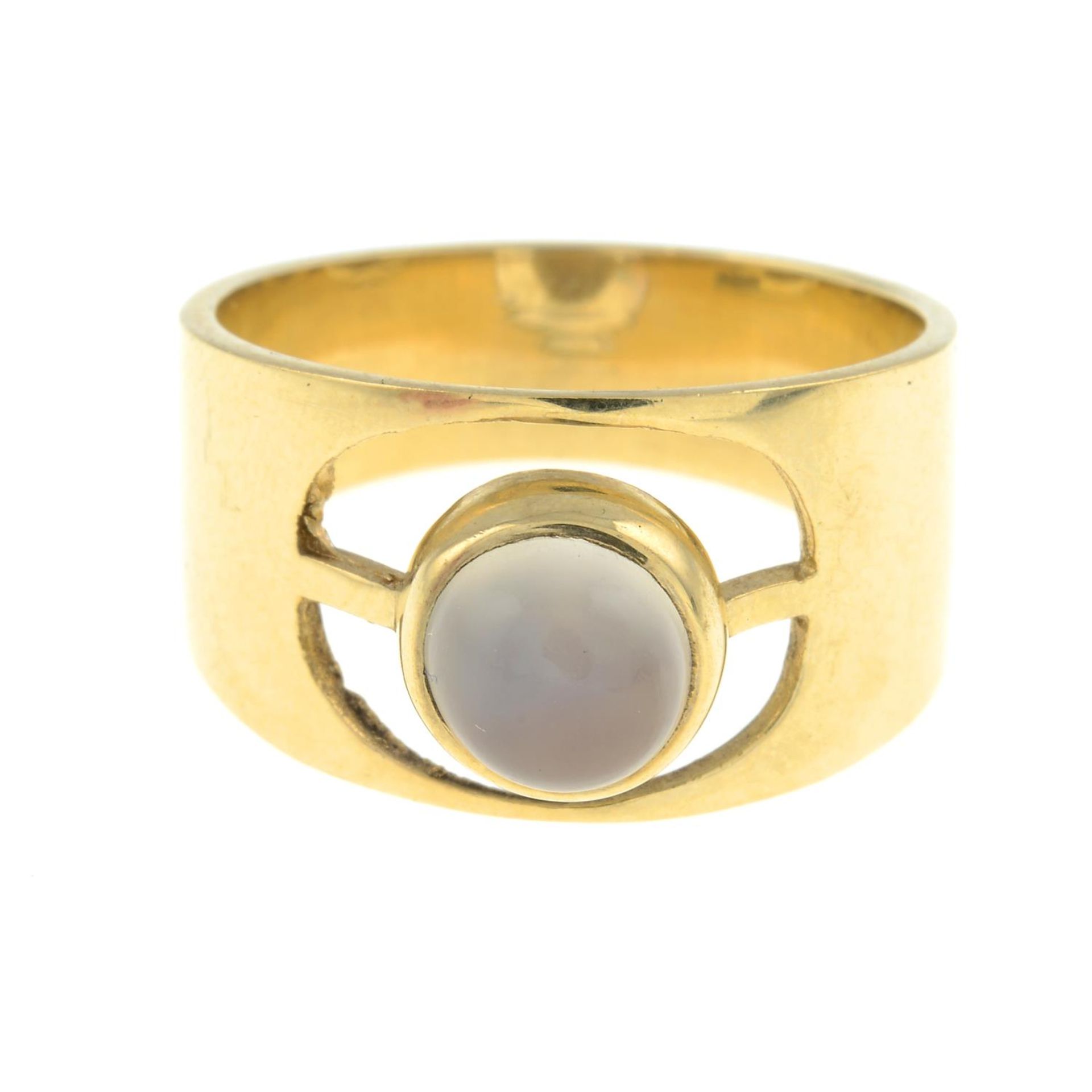 A mid 20th century gold moonstone dress ring.Hallmarks for London, 1970.