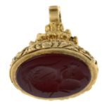 A 9ct gold carnelian intaglio fob.Hallmarks for London, 1963.Length 3cms.