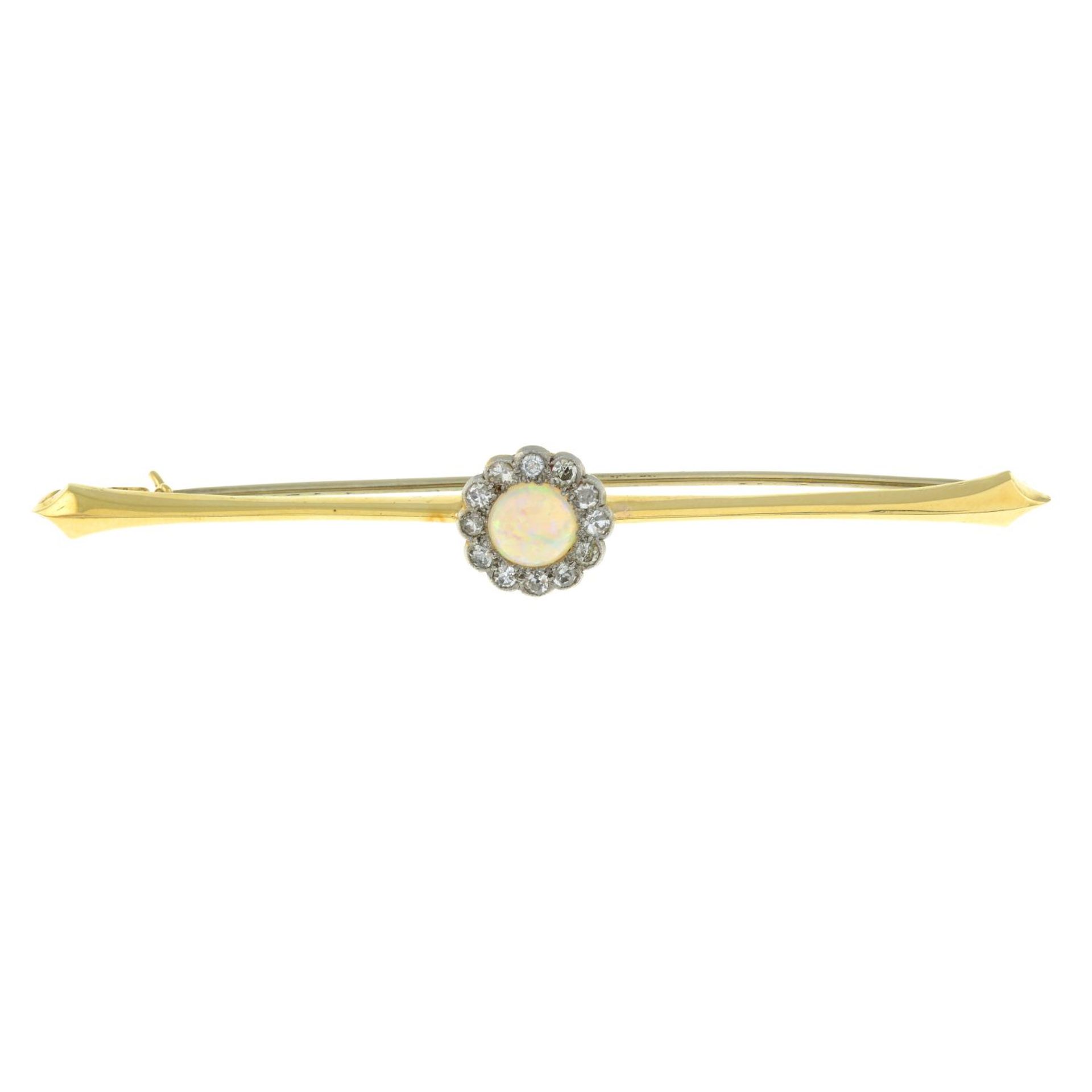 An early 20th century opal and diamond cluster bar brooch.Estimated total diamond weight 0.35ct.