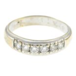 A brilliant-cut diamond six-stone ring.Estimated total diamond weight 0.30ct.Stamped 18K.Ring size