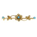 An early 20th century gold turquoise and split pearl bar brooch.One split pearl deficient.