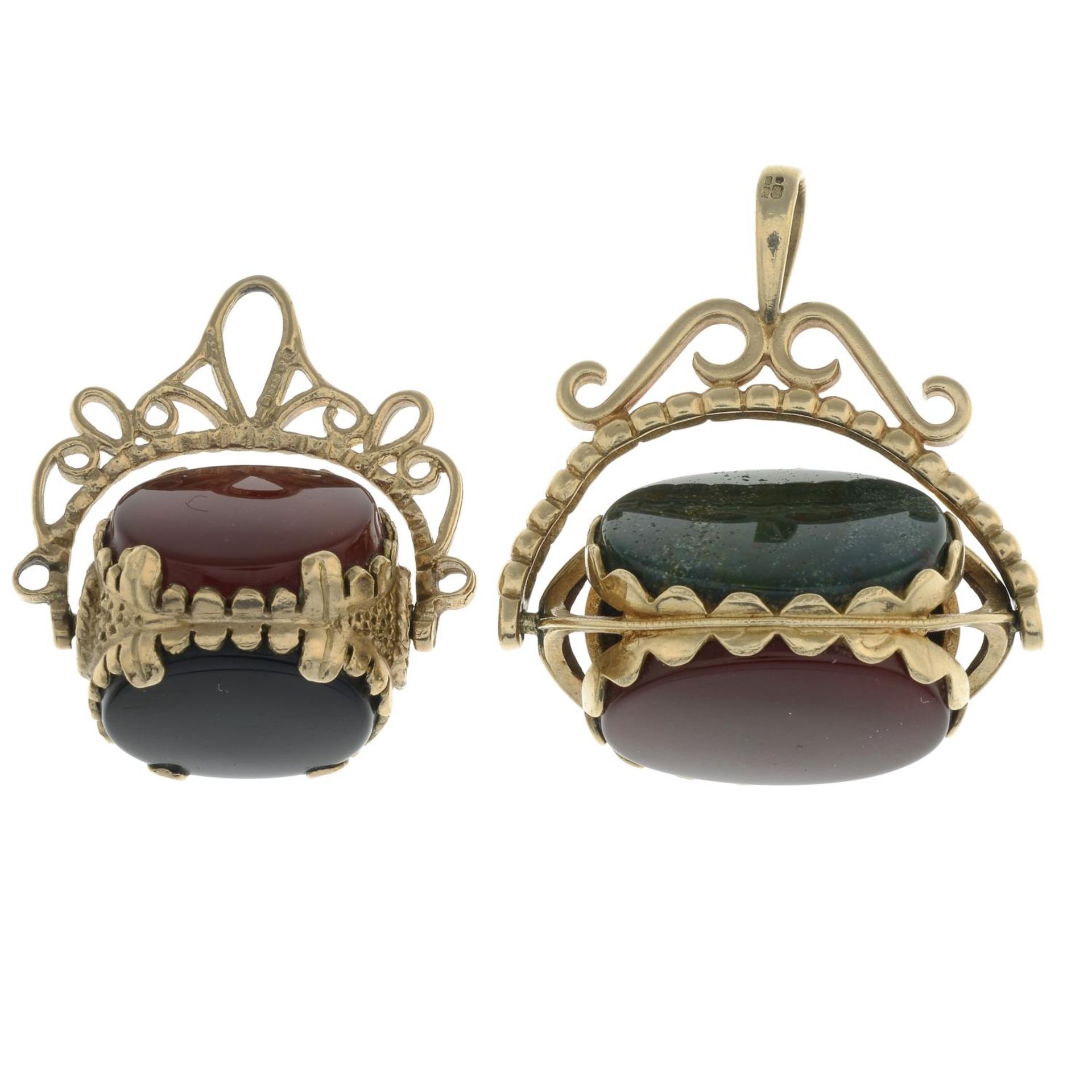 Two 9ct gold hardstone swivel fobs.