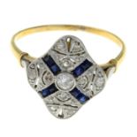 A mid 20th century diamond and sapphire dress ring.Ring size N1/2.