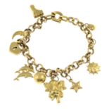 A 9ct gold charm bracelet, suspending nine charms.Bracelet with hallmarks for 9ct gold.