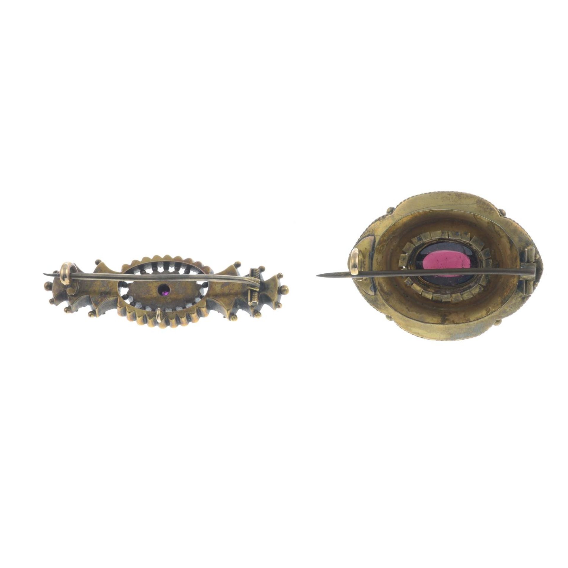 Late 19th century 15ct gold ruby and diamond foliate bar brooch, - Image 2 of 2