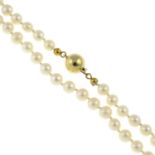 A cultured pearl necklace, with spherical clasp.Clasp stamped 585.Length 50cms.