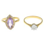 18ct gold amethyst and colourless gem cluster ring,