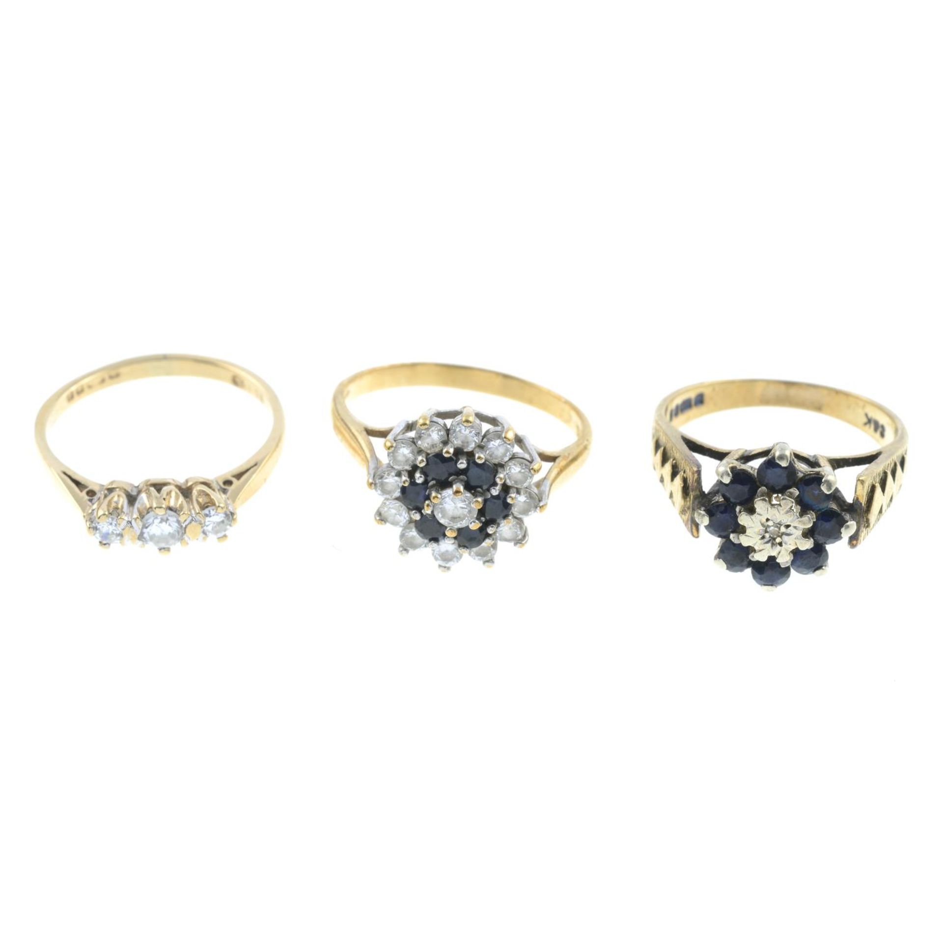 Three 9ct gold cubic zirconia rings, hallmarks for 9ct gold, ring sizes L1/2 to N, 5.4gms.